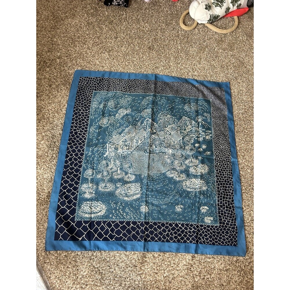 Vintage Blue Navy White Country Village Scarf Batik 27” Square